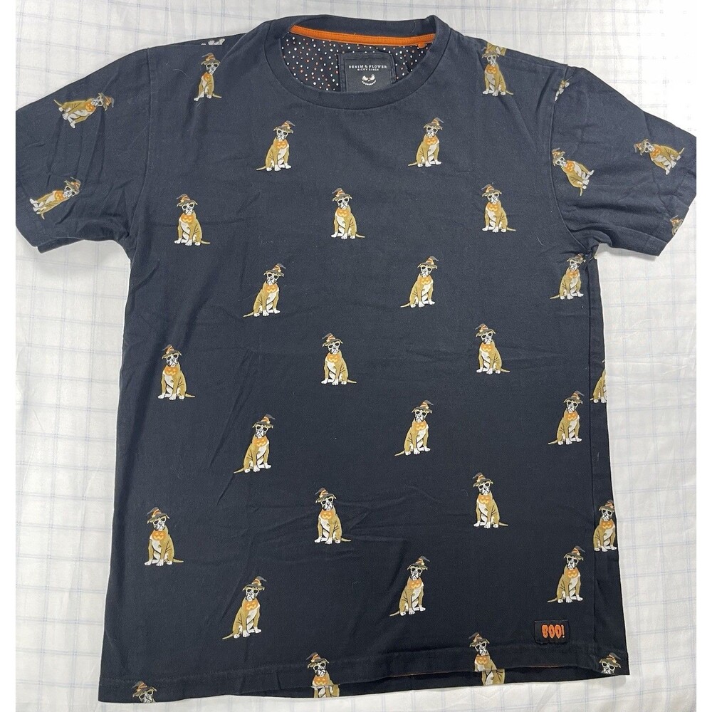 Denim & Flower Halloween Boxer Dog T-Shirt Mens Small Black Witch Hat Pumpkin